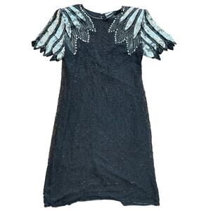 Vintage Cee Cee Black 100% Silk Beaded Sequined Mini Dress Size Medium